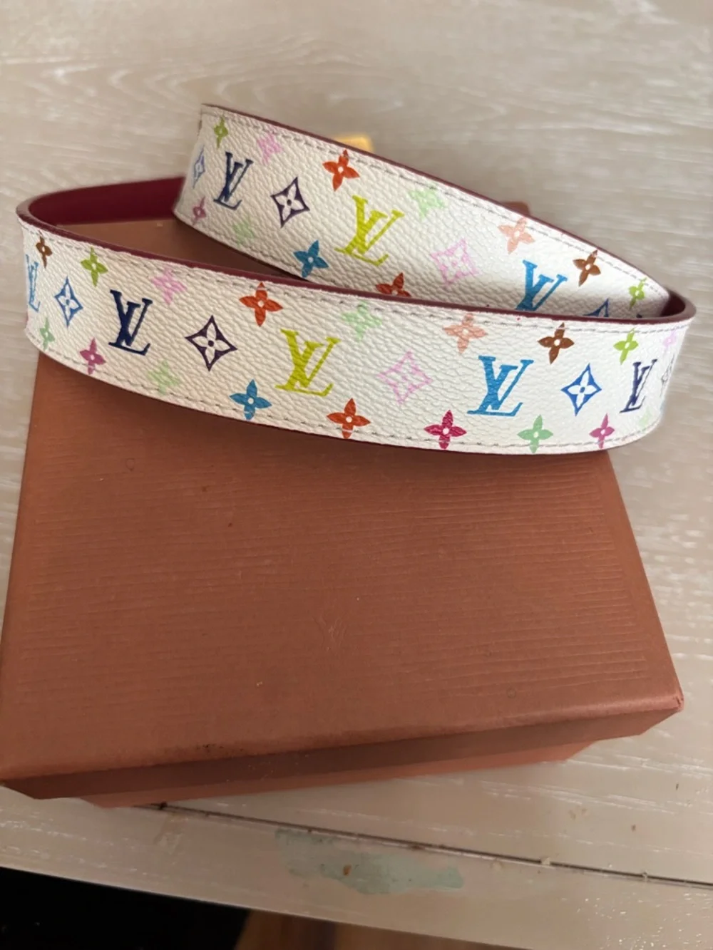 Louis Vuitton White Multicolor Monogram Leather Belt some scratches on buckle - Picture 2 of 4
